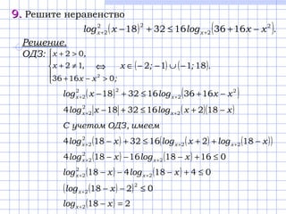 ( ) ( )2
2
22
2 1636163218 xxlogxlog xx −+≤+− ++
9.9. Решите неравенство
( ) ( ).xxlogxlog xx
2
2
22
2 1636163218 −+≤+− ++
Решение.
ОДЗ:





>−+
≠+
>+
;xx
,x
,x
01636
12
02
2
( ) ( ).;;x 18112 −∪−−∈⇔
( )( )xxlogxlog xx −+≤+− ++ 1821632184 2
2
2
имеем,ОДЗучетомC
( ) ( ) ( )( )xlogxlogxlog xxx −++≤+− +++ 1821632184 22
2
2
( ) ( ) 0161816184 2
2
2 ≤+−−− ++ xlogxlog xx
( ) ( ) 0418418 2
2
2 ≤+−−− ++ xlogxlog xx
( )( ) 0218
2
2 ≤−−+ xlogx
( ) 2182 =−+ xlogx
 
