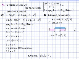 4.4. Решите систему
неравенств
( ) ( )




−≤−+
≤
−
+−
.xlogxlog
,x
x
xx
2
66
2
1641
5
6102
3) ( ) ( )2
66 1641 xlogxlog −≤−+
( ) ( )2
666 1646 xlogxloglog −≤−+
( ) ( )2
66 16624 xlogxlog −≤−
2
16624 xx −≤−
то,а.к.т 16 >=
0862
≤+− xx
( )( ) 042 ≤−− xx
42 ≤≤ x
4) Общее решение:
имеем,ОДЗучетомC
42 <≤ x
( ] [ )4324 ;;x ∪−∈
42 <≤ x
и
-4 32 х4
{ } [ )432 ;x ∪∈
{ } [ ).;:Ответ 432 ∪
(продолжение)
 