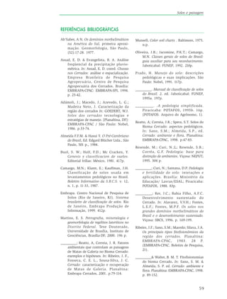 59
Solos e paisagem
Ab’Saber, A N. Os domínios morfoclimáticos
na América do Sul, primeira aproxi-
mação. Geomorfologia, São Paulo,
(52):17-28. 1977.
Assad, E. D. & Evangelista, B. A. Análise
freqüencial da precipitação pluvio-
métrica. In: Assad, E. D. coord. Chuvas
nos Cerrados: análise e espacialização.
Empresa Brasileira de Pesquisa
Agropecuária, Centro de Pesquisa
Agropecuária dos Cerrados. Brasília:
EMBRAPA-CPAC: EMBRAPA-SPI, 1994.
p. 25-42.
Adámoli, J.; Macedo, J.; Azevedo, L. G.;
Madeira Neto, J. Caracterização da
região dos cerrados In: GOEDERT, W.J.
Solos dos cerrados tecnologias e
estratégias de manejo. [Planaltina, DF]:
EMBRAPA-CPAC / São Paulo: Nobel,
1986. p.33-74.
Almeida F.F.M. & Hasui Y. O Pré-Cambriano
do Brasil, Ed. Edgard Blücher Ltda., São
Paulo, 501 p., 1984.
Buol, S. W.; Holf, F.D.; Mc Cracken, Y.
Genesis y classificacion de suelos.
Editorial Irillas: México, 1981. 417p.
Camargo, M.N.; Klamt, E.; Kauffman, J.H.
Classificação de solos usada em
levantamentos pedológicos no Brasil.
Boletim Informativo da S.B.C.S. v. 12,
n. 1, p. 11-33, 1987.
Embrapa. Centro Nacional de Pesquisa de
Solos (Rio de Janeiro, RJ). Sistema
brasileiro de classificação de solos. Rio
de Janeiro, Embrapa Produção de
Informação, 1999. 412p.
Martins, E. S. Petrografia, mineralogia e
geomorfologia de rególitos lateríticos no
Distrito Federal. Tese Doutorado,
Universidade de Brasília, Instituto de
Geociências, Brasília-DF, 2000. 196 p.
_________; Reatto, A, Correia, J. R. Fatores
ambientais que controlam as paisagens
de Matas de Galeria no Bioma Cerrado:
exemplos e hipóteses. In: Ribeiro, J. F.,
Fonseca, C. E. L., Sousa-Silva, J. C.
Cerrado: caracterização e recuperação
de Matas de Galeria. Planaltina:
Embrapa Cerrados, 2001. p.79-114.
Munsell, Color soil charts . Baltimore, 1975.
n.p.
Oliveira, J.B.; Jacomine, P.K.T.; Camargo,
M.N. Classes gerais de solos do Brasil:
guia auxiliar para seu reconhecimento.
Jaboticabal: FUNEP, 1992. 210p.
Prado, H. Manejo do solo: descrições
pedológicas e suas implicações. São
Paulo: Nobel, 1991. 117p.
_________. Manual de classificação de solos
do Brasil. 2. ed. Jaboticabal: FUNEP,
1995a. 197p.
_________. .A pedologia simplificada.
Piracicaba: POTAFOS, 1995b. 16p.
(POTAFOS. Arquivo do Agrônomo, 1).
Reatto, A; Correia, J.R.; Spera, S.T. Solos do
Bioma Cerrado: aspectos pedológicos.
In: Sano, S.M.; Almeida, S.P., ed.
Cerrado: ambiente e flora. Planaltina:
EMBRAPA-CPAC, 1998. p.47-83.
Resende, M.; Curi, N.;L; Resende, S.B.;
Corrêa, G.F. Pedologia: base para
distinção de ambientes. Viçosa: NEPUT,
1995. 304 p.
_________; Curi, N.; Santana, D.P. Pedologia
e fertilidade do solo: interações e
aplicações. Brasília: Ministério da
Educação/ Lavras/ESAL; Piracicaba:
POTAFOS, 1988. 83p.
_________; Ker, J.C.; Bahia Filho, A.F.C.
Desenvolvimento sustentado do
Cerrado. In: Alavarez, V.V.H.; Fontes,
L.E.F.; Fontes, M.P.F. Os solos nos
grandes domínios morfoclimáticos do
Brasil e o desenvolvimento sustentado.
Viçosa: SBCS, 1996. p. 169-199.
Ribeiro, J.F.; Sano, S.M.; Macedo; Silava, J.A.
Os principais tipos fitofisionômicos da
região dos cerrados. Planaltina:
EMBRAPA-CPAC, 1983. 28 P.
(EMBRAPA-CPAC. Boletim de Pesquisa,
21).
_________& Walter, B. M. T. Fitofisionomias
do bioma Cerrado. In: Sano, S. M. &
Almeida, S. P. ed. Cerrado: ambiente e
flora. Planaltina: EMBRAPA-CPAC, 1998.
p. 89-152.
REFERÊNCIAS BIBLIOGRÁFICAS
 
