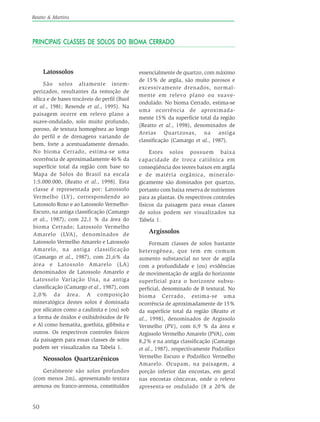 50
Reatto & Martins
Latossolos
São solos altamente intem-
perizados, resultantes da remoção de
sílica e de bases trocáveis do perfil (Buol
et al., 1981; Resende et al., 1995). Na
paisagem ocorre em relevo plano a
suave-ondulado, solo muito profundo,
poroso, de textura homogênea ao longo
do perfil e de drenagens variando de
bem, forte a acentuadamente drenado.
No bioma Cerrado, estima-se uma
ocorrência de aproximadamente 46% da
superfície total da região com base no
Mapa de Solos do Brasil na escala
1:5.000.000, (Reatto et al., 1998). Esta
classe é representada por: Latossolo
Vermelho (LV), correspondendo ao
Latossolo Roxo e ao Latossolo Vermelho-
Escuro, na antiga classificação (Camargo
et al., 1987), com 22,1 % da área do
bioma Cerrado; Latossolo Vermelho
Amarelo (LVA), denominados de
Latossolo Vermelho Amarelo e Latossolo
Amarelo, na antiga classificação
(Camargo et al., 1987), com 21,6% da
área e Latossolo Amarelo (LA)
denominados de Latossolo Amarelo e
Latossolo Variação Una, na antiga
classificação (Camargo et al., 1987), com
2,0% da área. A composição
mineralógica destes solos é dominada
por silicatos como a caulinita e (ou) sob
a forma de óxidos e oxihidróxidos de Fe
e Al como hematita, goethita, gibbsita e
outros. Os respectivos controles físicos
da paisagem para essas classes de solos
podem ser visualizados na Tabela 1.
Neossolos Quartzarênicos
Geralmente são solos profundos
(com menos 2m), apresentando textura
arenosa ou franco-arenosa, constituídos
essencialmente de quartzo, com máximo
de 15% de argila, são muito porosos e
excessivamente drenados, normal-
mente em relevo plano ou suave-
ondulado. No bioma Cerrado, estima-se
uma ocorrência de aproximada-
mente 15% da superfície total da região
(Reatto et al., 1998), denominados de
Areias Quartzosas, na antiga
classificação (Camargo et al., 1987).
Estes solos possuem baixa
capacidade de troca catiônica em
conseqüência dos teores baixos em argila
e de matéria orgânica, mineralo-
gicamente são dominados por quartzo,
portanto com baixa reserva de nutrientes
para as plantas. Os respectivos controles
físicos da paisagem para essas classes
de solos podem ser visualizados na
Tabela 1.
Argissolos
Formam classes de solos bastante
heterogênea, que tem em comum
aumento substancial no teor de argila
com a profundidade e (ou) evidências
de movimentação de argila do horizonte
superficial para o horizonte subsu-
perficial, denominado de B textural. No
bioma Cerrado, estima-se uma
ocorrência de aproximadamente de 15%
da superfície total da região (Reatto et
al., 1998), denominados de Argissolo
Vermelho (PV), com 6,9 % da área e
Argissolo Vermelho Amarelo (PVA), com
8,2% e na antiga classificação (Camargo
et al., 1987), respectivamente Podzólico
Vermelho Escuro e Podzólico Vermelho
Amarelo. Ocupam, na paisagem, a
porção inferior das encostas, em geral
nas encostas côncavas, onde o relevo
apresenta-se ondulado (8 a 20% de
PRINCIPAIS CLASSES DE SOLOS DO BIOMA CERRADO
 