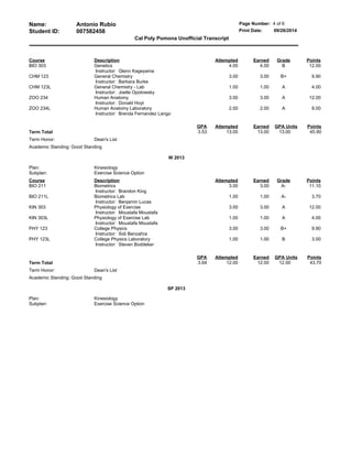 Name: Antonio Rubio Page Number: 4 of 6
Student ID: 007582458 Print Date: 09/26/2014
Cal Poly Pomona Unofficial Transcript
Course Description Attempted Earned Grade Points
BIO 303 Genetics
Instructor: Glenn Kageyama
4.00 4.00 B 12.00
CHM 123 General Chemistry
Instructor: Barbara Burke
3.00 3.00 B+ 9.90
CHM 123L General Chemistry - Lab
Instructor: Joelle Opotowsky
1.00 1.00 A 4.00
ZOO 234 Human Anatomy
Instructor: Donald Hoyt
3.00 3.00 A 12.00
ZOO 234L Human Anatomy Laboratory
Instructor: Brenda Fernandez Lango
2.00 2.00 A 8.00
GPA Attempted Earned GPA Units Points
Term Total 3.53 13.00 13.00 13.00 45.90
Term Honor: Dean's List
Academic Standing: Good Standing
W 2013
Plan: Kinesiology
Subplan: Exercise Science Option
Course Description Attempted Earned Grade Points
BIO 211 Biometrics
Instructor: Brandon King
3.00 3.00 A- 11.10
BIO 211L Biometrics Lab
Instructor: Benjamin Lucas
1.00 1.00 A- 3.70
KIN 303 Physiology of Exercise
Instructor: Moustafa Moustafa
3.00 3.00 A 12.00
KIN 303L Physiology of Exercise Lab
Instructor: Moustafa Moustafa
1.00 1.00 A 4.00
PHY 123 College Physics
Instructor: Sidi Benzahra
3.00 3.00 B+ 9.90
PHY 123L College Physics Laboratory
Instructor: Steven Boddeker
1.00 1.00 B 3.00
GPA Attempted Earned GPA Units Points
Term Total 3.64 12.00 12.00 12.00 43.70
Term Honor: Dean's List
Academic Standing: Good Standing
SP 2013
Plan: Kinesiology
Subplan: Exercise Science Option
 