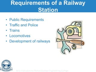Birla Vishvakarma Mahavidyalaya Engineering College
Requirements of a Railway
Station
• Public Requirements
• Traffic and Police
• Trains
• Locomotives
• Development of railways
 