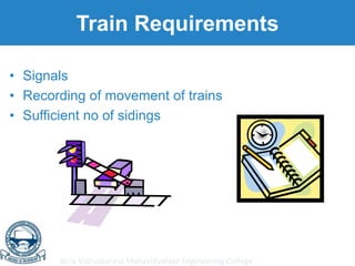 Birla Vishvakarma Mahavidyalaya Engineering College
Train Requirements
• Signals
• Recording of movement of trains
• Sufficient no of sidings
 