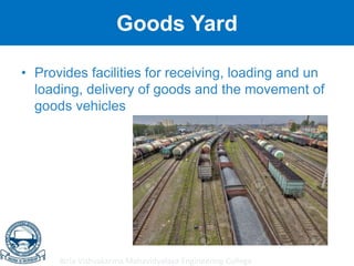 Birla Vishvakarma Mahavidyalaya Engineering College
Goods Yard
• Provides facilities for receiving, loading and un
loading, delivery of goods and the movement of
goods vehicles
 
