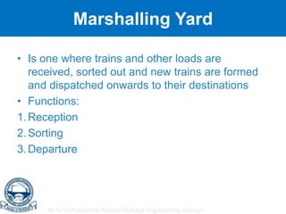 Birla Vishvakarma Mahavidyalaya Engineering College
Marshalling Yard
• Is one where trains and other loads are
received, sorted out and new trains are formed
and dispatched onwards to their destinations
• Functions:
1.Reception
2.Sorting
3.Departure
 