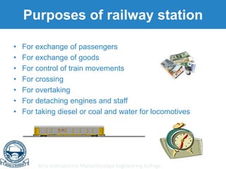 Birla Vishvakarma Mahavidyalaya Engineering College
Purposes of railway station
• For exchange of passengers
• For exchange of goods
• For control of train movements
• For crossing
• For overtaking
• For detaching engines and staff
• For taking diesel or coal and water for locomotives
 