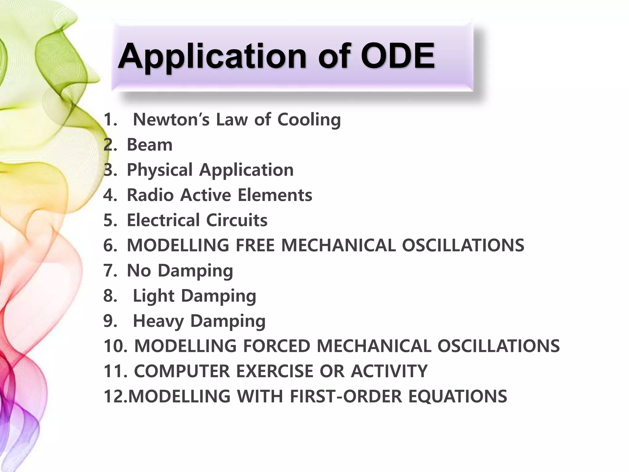 Application of ODE
1. Newton’s Law of Cooling
2. Beam
3. Physical Application
4. Radio Active Elements
5. Electrical Circuits
6. MODELLING FREE MECHANICAL OSCILLATIONS
7. No Damping
8. Light Damping
9. Heavy Damping
10. MODELLING FORCED MECHANICAL OSCILLATIONS
11. COMPUTER EXERCISE OR ACTIVITY
12.MODELLING WITH FIRST-ORDER EQUATIONS
 