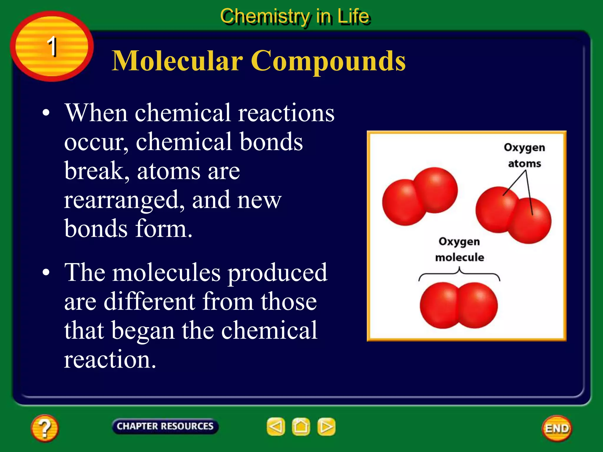 Molecular Compounds
Chemistry in Life
1
• When chemical reactions
occur, chemical bonds
break, atoms are
rearranged, and new
bonds form.
• The molecules produced
are different from those
that began the chemical
reaction.
 