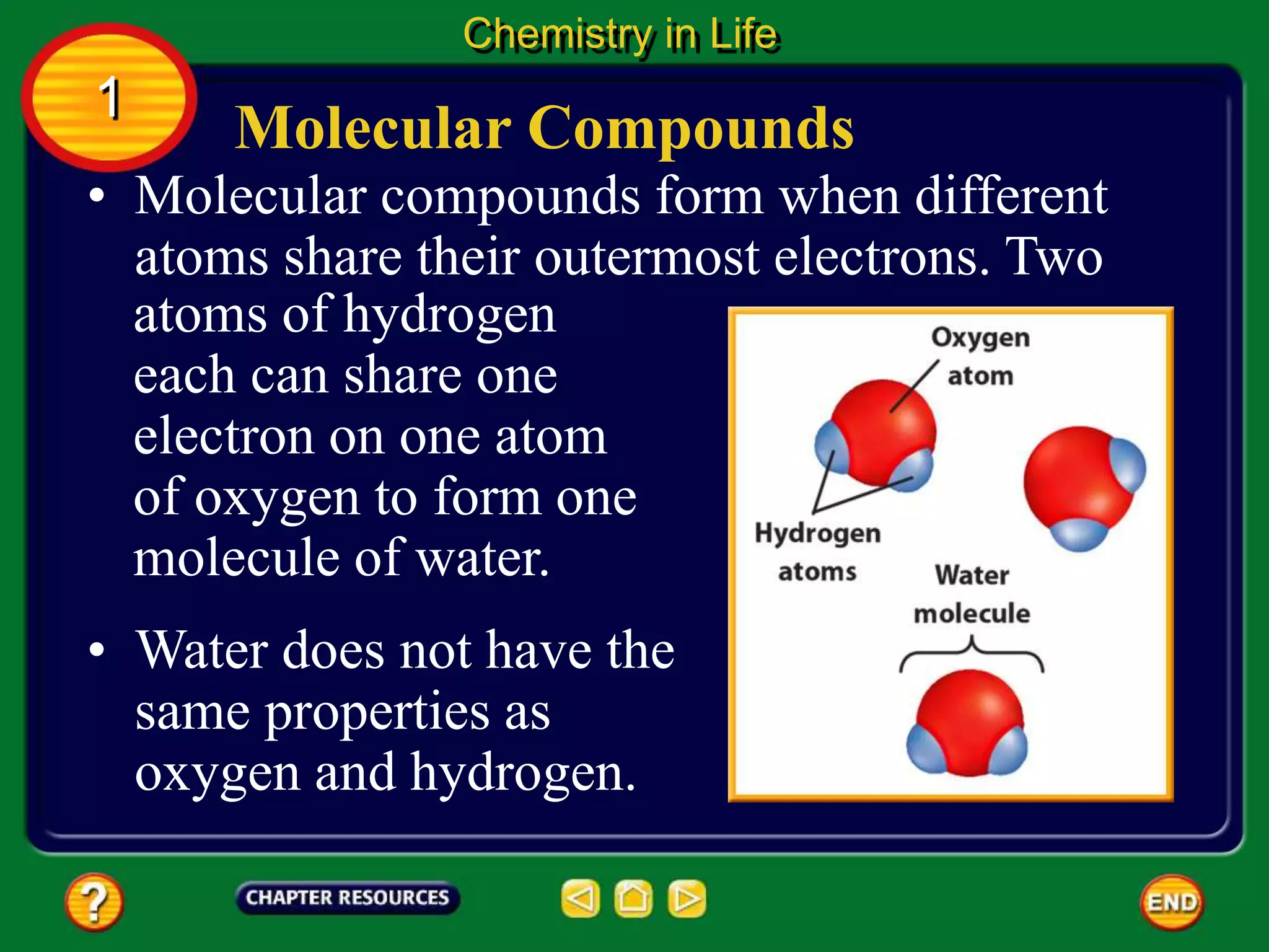 Molecular Compounds
Chemistry in Life
1
• Water does not have the
same properties as
oxygen and hydrogen.
• Molecular compounds form when different
atoms share their outermost electrons. Two
atoms of hydrogen
each can share one
electron on one atom
of oxygen to form one
molecule of water.
 
