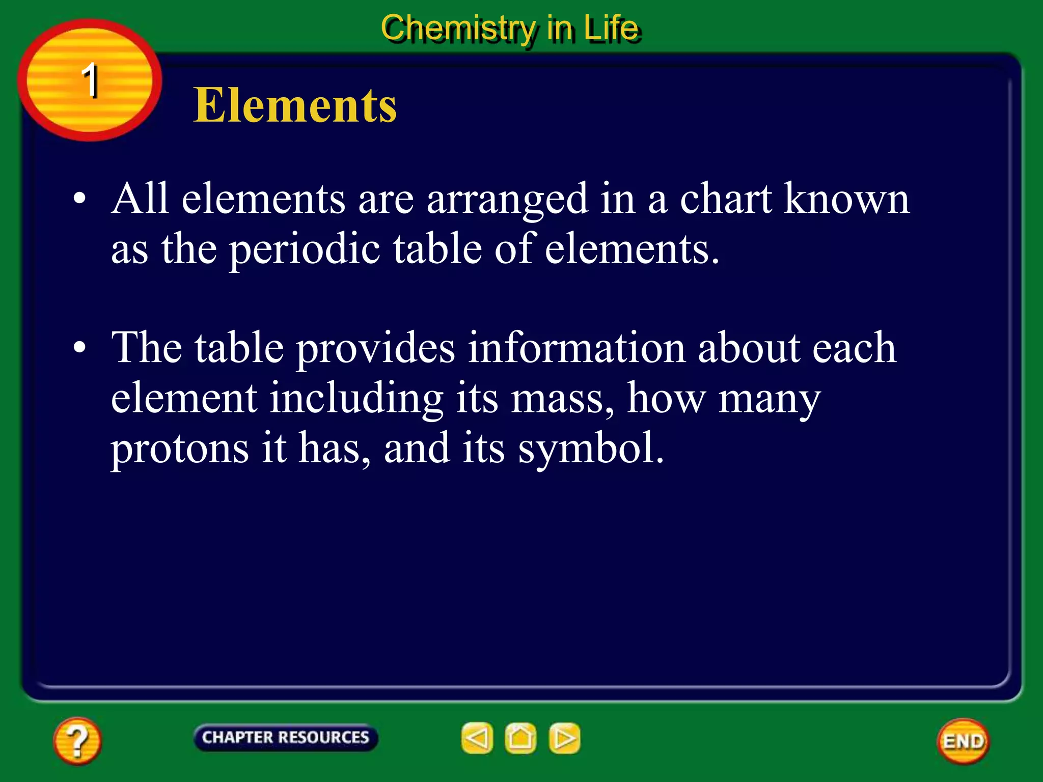 • All elements are arranged in a chart known
as the periodic table of elements.
• The table provides information about each
element including its mass, how many
protons it has, and its symbol.
Elements
Chemistry in Life
1
 