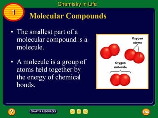 • The smallest part of a
molecular compound is a
molecule.
• A molecule is a group of
atoms held together by
the energy of chemical
bonds.
Molecular Compounds
Chemistry in Life
1
 