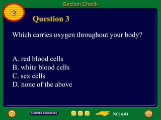 2
Section Check
Question 3
Which carries oxygen throughout your body?
A. red blood cells
B. white blood cells
C. sex cells
D. none of the above
NC: 6.04
 