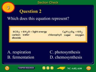 3
Section Check
Question 2
Which does this equation represent?
A. respiration
B. fermentation
C. photosynthesis
D. chemosynthesis
NC: 6.02, 6.04
 