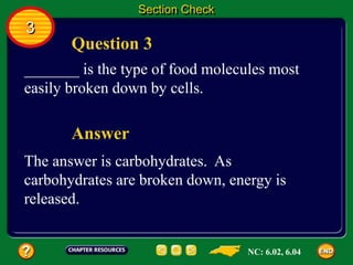 Question 3
Answer
_______ is the type of food molecules most
easily broken down by cells.
The answer is carbohydrates. As
carbohydrates are broken down, energy is
released.
Section Check
3
NC: 6.02, 6.04
 