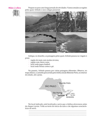 Mãos à obra
   A U L A        Prepare-se para uma longa jornada de atividades. Vamos estudar as regiões
              pelas quais Arlindo e seus colegas passaram

   17


                                                                  serra                                                           manguezal




                                                                  praia                                                              costão


                  Indique, no desenho, as paisagens pelas quais Arlindo passou na viagem à
              praia:
                  · região de mata com muitas árvores;
                  · região com cheiro ruim;
                  · local onde jogou futebol;
                  · local onde Soraia cortou o pé.

                  No passeio, Arlindo passou por várias paisagens diferentes. Observe, no
              mapa abaixo, o caminho percorrido pelo ônibus desde Ribeirão Preto, no interior
              do estado, até a praia.




                  No local indicado, está localizada a serra que o ônibus atravessou antes
              de chegar à praia. Volte ao texto do início da aula e cite algumas caracterís-
              ticas da serra.
                   ..................................................................................................................................
                   ..................................................................................................................................
                   ..................................................................................................................................
 