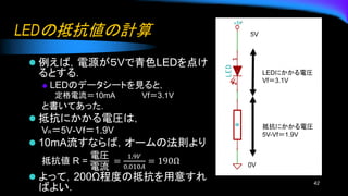 LEDεֿӋ
? УԴVɫLED㤱
Ȥ룮
 LEDΥǩ``ȤҊȣ
10mA Vf3.1V
ȕƤä
? ֿˤ늈Rϣ
VR5V-֣棽1.9V
? 10mAʤУ`ηt
ֿ R =
늈R

=
1.9?
0.010?
= 190
? äƣ200̶Ȥεֿ⤹
Ф褤
42
LEDˤ늈R
Vf3.1V
ֿˤ늈R
5V-Vf1.9V
5V
0V
 