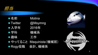 
? ǰ Molina
? Twitter @Msymng
? ѧ 2016
? ѧ Cеϵ
? Ȥζ 
? äƤ뤳 MaquinistaCеࣩ
? Rogy ӋCеS
6
 