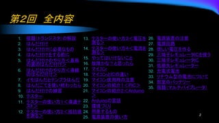 第２回 全内容
1. 宿題（トランジスタ）の解説
2. はんだ付け
3. はんだ付けに必要なもの
4. はんだ付けをする前に
5. はんだ付けのやり方＜基板
の裏のはんだ付け＞
6. はんだ付けのやり方＜導線
のはんだ付け＞
7. イモはんだとテンプラはんだ
8. はんだごてを使い終わったら
9. はんだ付けの練習
10. テスター
11. テスターの使い方１＜導通テ
スト＞
12. テスターの使い方２＜抵抗値
を測る＞
13. テスターの使い方３＜電圧を
測る＞
14. テスターの使い方４＜電流を
測る＞
15. やってはいけないこと
16. 故障かな？と思ったら
17. マイコン
18. マイコンとICの違い
19. マイコン使用時の注意
20. マイコンの紹介１＜PIC＞
21. マイコンの紹介２＜Arduino
＞
22. Arduinoの言語
23. 環境づくり
24. 用意するもの
25. 電源装置の使い方
26. 電源装置の注意
27. 電源回路
28. 欲しい電圧を作る
29. 三端子レギュレータICを使う
30. 三端子レギュレータIC
31. 低損失レギュレーター
32. 充電式電池
33. リチウム型の電池について
34. 部室のバッテリー
35. 宿題（マルチバイブレータ）
2
 