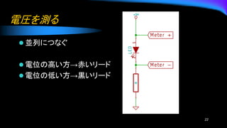 電圧を測る
⚫ 並列につなぐ
⚫ 電位の高い方→赤いリード
⚫ 電位の低い方→黒いリード
22
 