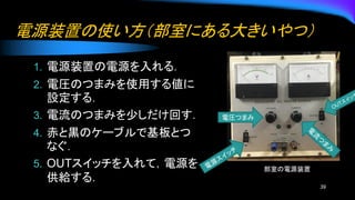 電源装置の使い方（部室にある大きいやつ）
1. 電源装置の電源を入れる．
2. 電圧のつまみを使用する値に
設定する．
3. 電流のつまみを少しだけ回す．
4. 赤と黒のケーブルで基板とつ
なぐ．
5. OUTスイッチを入れて，電源を
供給する．
39
部室の電源装置
電圧つまみ
 
