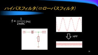 ハイパスフィルタ（ローパスフィルタ）
39
HPF
f =
1
2π𝑅𝐶
[Hz]
 