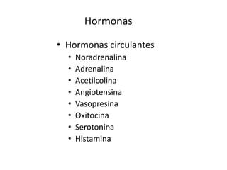 Hormonas
• Hormonas circulantes
• Noradrenalina
• Adrenalina
• Acetilcolina
• Angiotensina
• Vasopresina
• Oxitocina
• Serotonina
• Histamina
 