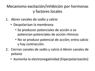Mecanismo excitación/inhibición por hormonas
y factores locales
1. Abren canales de sodio y calcio
• Despolarizan la membrana
• Se producen potenciales de acción o se
potencian potenciales de acción rítmicos
• No se produce potencial de acción; entra calcio
y hay contracción.
2. Cierran canales de sodio y calcio ó Abren canales de
potasio
• Aumenta la electronegatividad (hiperpolarización)
 