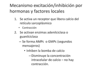 Mecanismo excitación/inhibición por
hormonas y factores locales
1. Se activa un receptor que libera calcio del
retículo sarcoplásmico
• Contracción
2. Se activan enzimas adenilciclasa o
guanilciclasa
– Se forma AMPc o GMPc (segundos
mensajeros)
• Inhiben la bomba de calcio
–Disminuye la concentración
intracelular de calcio – no hay
contracción.
 