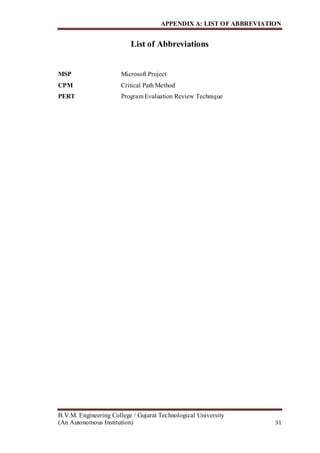 APPENDIX A: LIST OF ABBREVIATION
B.V.M. Engineering College / Gujarat Technological University
(An Autonomous Institution) 31
List of Abbreviations
MSP Microsoft Project
CPM Critical Path Method
PERT Program Evaluation Review Technique
 