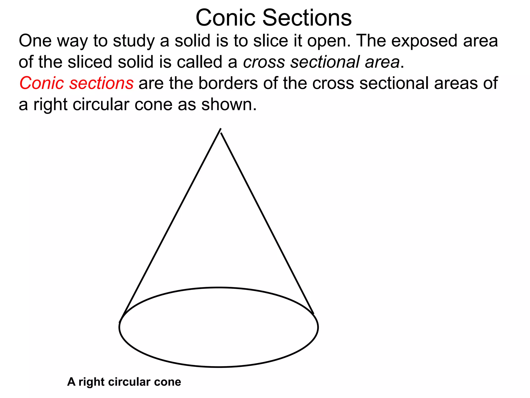 Conic Sections
A right circular cone
One way to study a solid is to slice it open. The exposed area
of the sliced solid is called a cross sectional area.
Conic sections are the borders of the cross sectional areas of
a right circular cone as shown.
 