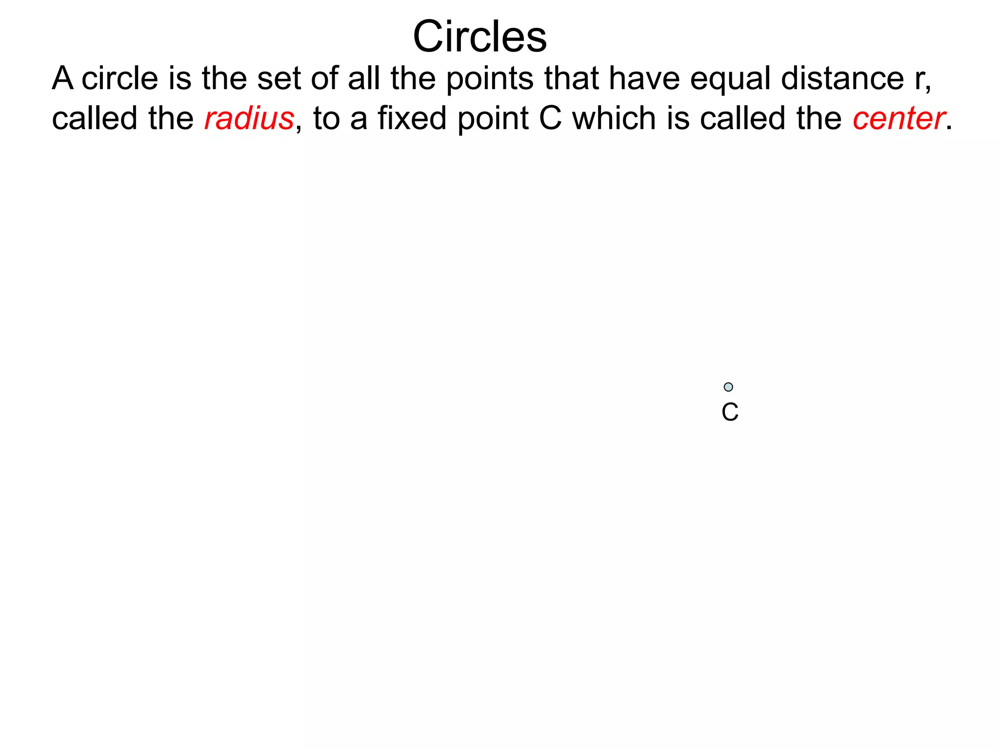 Circles
A circle is the set of all the points that have equal distance r,
called the radius, to a fixed point C which is called the center.
C
 