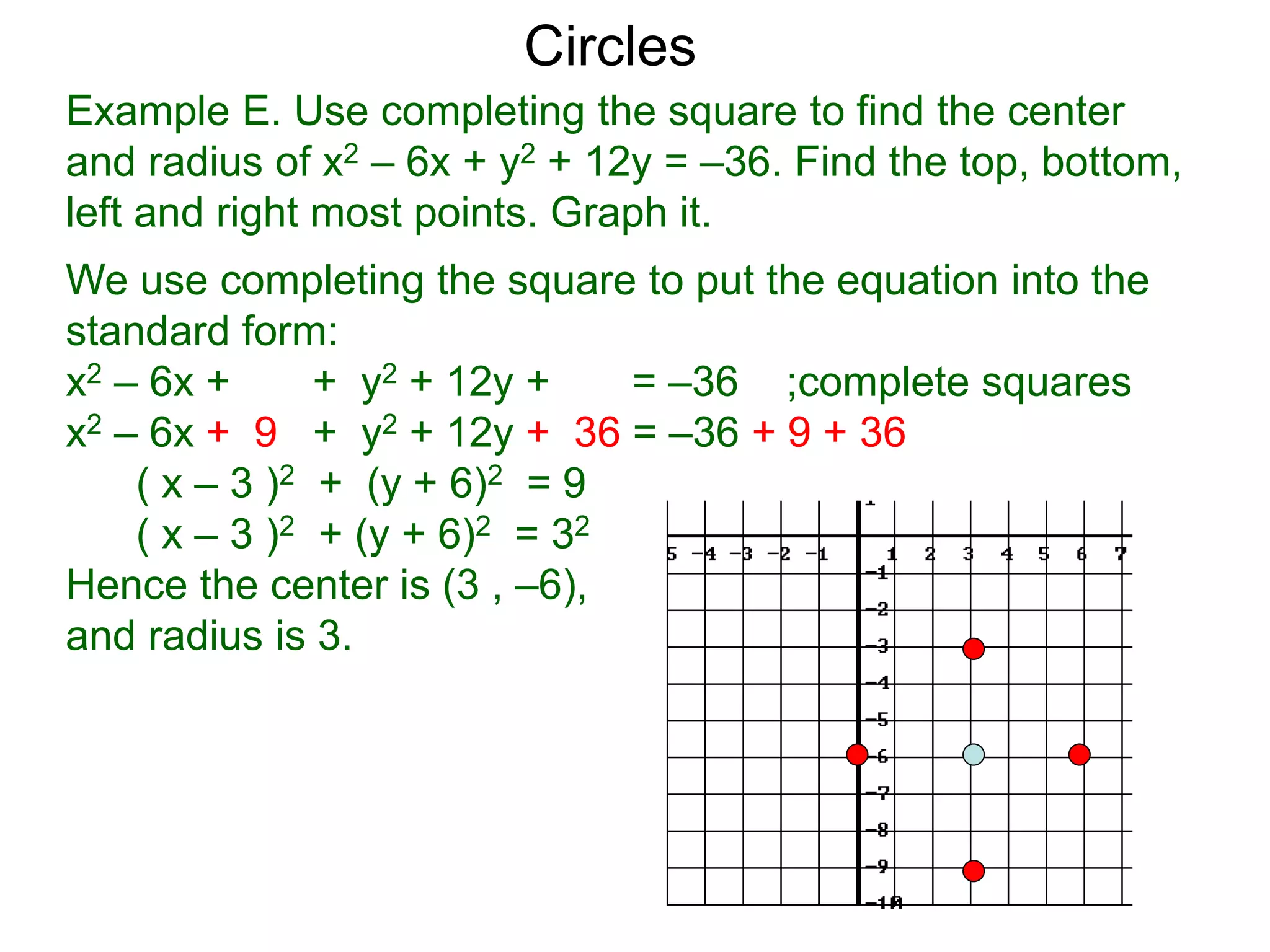 Example E. Use completing the square to find the center
and radius of x2 – 6x + y2 + 12y = –36. Find the top, bottom,
left and right most points. Graph it.
We use completing the square to put the equation into the
standard form:
x2 – 6x + + y2 + 12y + = –36 ;complete squares
x2 – 6x + 9 + y2 + 12y + 36 = –36 + 9 + 36
( x – 3 )2 + (y + 6)2 = 9
( x – 3 )2 + (y + 6)2 = 32
Hence the center is (3 , –6),
and radius is 3.
Circles
 