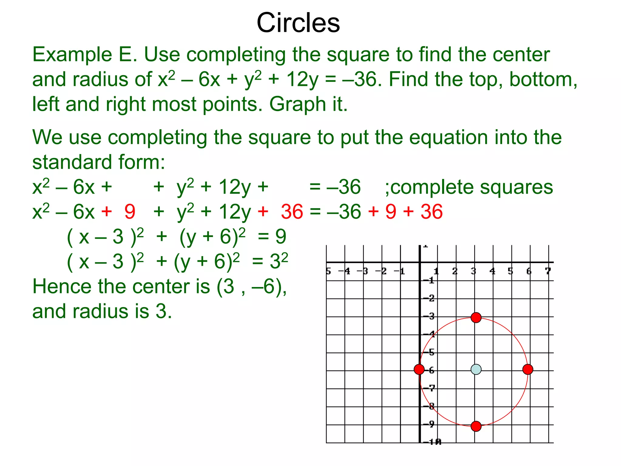Example E. Use completing the square to find the center
and radius of x2 – 6x + y2 + 12y = –36. Find the top, bottom,
left and right most points. Graph it.
We use completing the square to put the equation into the
standard form:
x2 – 6x + + y2 + 12y + = –36 ;complete squares
x2 – 6x + 9 + y2 + 12y + 36 = –36 + 9 + 36
( x – 3 )2 + (y + 6)2 = 9
( x – 3 )2 + (y + 6)2 = 32
Hence the center is (3 , –6),
and radius is 3.
Circles
 