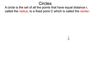 Circles
A circle is the set of all the points that have equal distance r,
called the radius, to a fixed point C which is called the center.
C
 