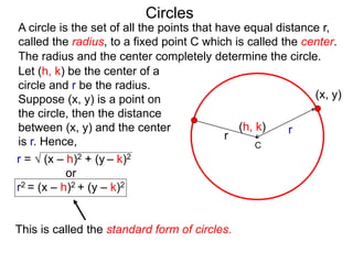 r
The radius and the center completely determine the circle.
Circles
(x, y)
Let (h, k) be the center of a
circle and r be the radius.
Suppose (x, y) is a point on
the circle, then the distance
between (x, y) and the center
is r. Hence,
(h, k)
r =  (x – h)2 + (y – k)2
or
r2 = (x – h)2 + (y – k)2
This is called the standard form of circles.
A circle is the set of all the points that have equal distance r,
called the radius, to a fixed point C which is called the center.
r
C
 