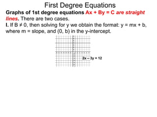 First Degree Equations
Graphs of 1st degree equations Ax + By = C are straight
lines. There are two cases.
I. If B ≠ 0, then solving for y we obtain the format: y = mx + b,
where m = slope, and (0, b) in the y-intercept.
2x – 3y = 12
 