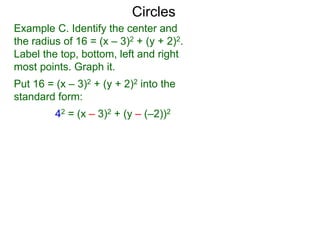 Example C. Identify the center and
the radius of 16 = (x – 3)2 + (y + 2)2.
Label the top, bottom, left and right
most points. Graph it.
Put 16 = (x – 3)2 + (y + 2)2 into the
standard form:
42 = (x – 3)2 + (y – (–2))2
Circles
 