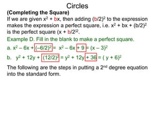 (Completing the Square)
If we are given x2 + bx, then adding (b/2)2 to the expression
makes the expression a perfect square, i.e. x2 + bx + (b/2)2
is the perfect square (x + b/2)2.
Circles
Example D. Fill in the blank to make a perfect square.
a. x2 – 6x + (–6/2)2 = x2 – 6x + 9 = (x – 3)2
b. y2 + 12y + (12/2)2 = y2 + 12y + 36 = ( y + 6)2
The following are the steps in putting a 2nd degree equation
into the standard form.
 
