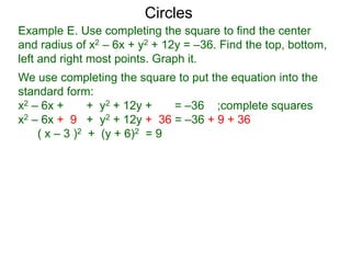 Example E. Use completing the square to find the center
and radius of x2 – 6x + y2 + 12y = –36. Find the top, bottom,
left and right most points. Graph it.
We use completing the square to put the equation into the
standard form:
x2 – 6x + + y2 + 12y + = –36 ;complete squares
x2 – 6x + 9 + y2 + 12y + 36 = –36 + 9 + 36
( x – 3 )2 + (y + 6)2 = 9
Circles
 