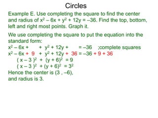 Example E. Use completing the square to find the center
and radius of x2 – 6x + y2 + 12y = –36. Find the top, bottom,
left and right most points. Graph it.
We use completing the square to put the equation into the
standard form:
x2 – 6x + + y2 + 12y + = –36 ;complete squares
x2 – 6x + 9 + y2 + 12y + 36 = –36 + 9 + 36
( x – 3 )2 + (y + 6)2 = 9
( x – 3 )2 + (y + 6)2 = 32
Hence the center is (3 , –6),
and radius is 3.
Circles
 