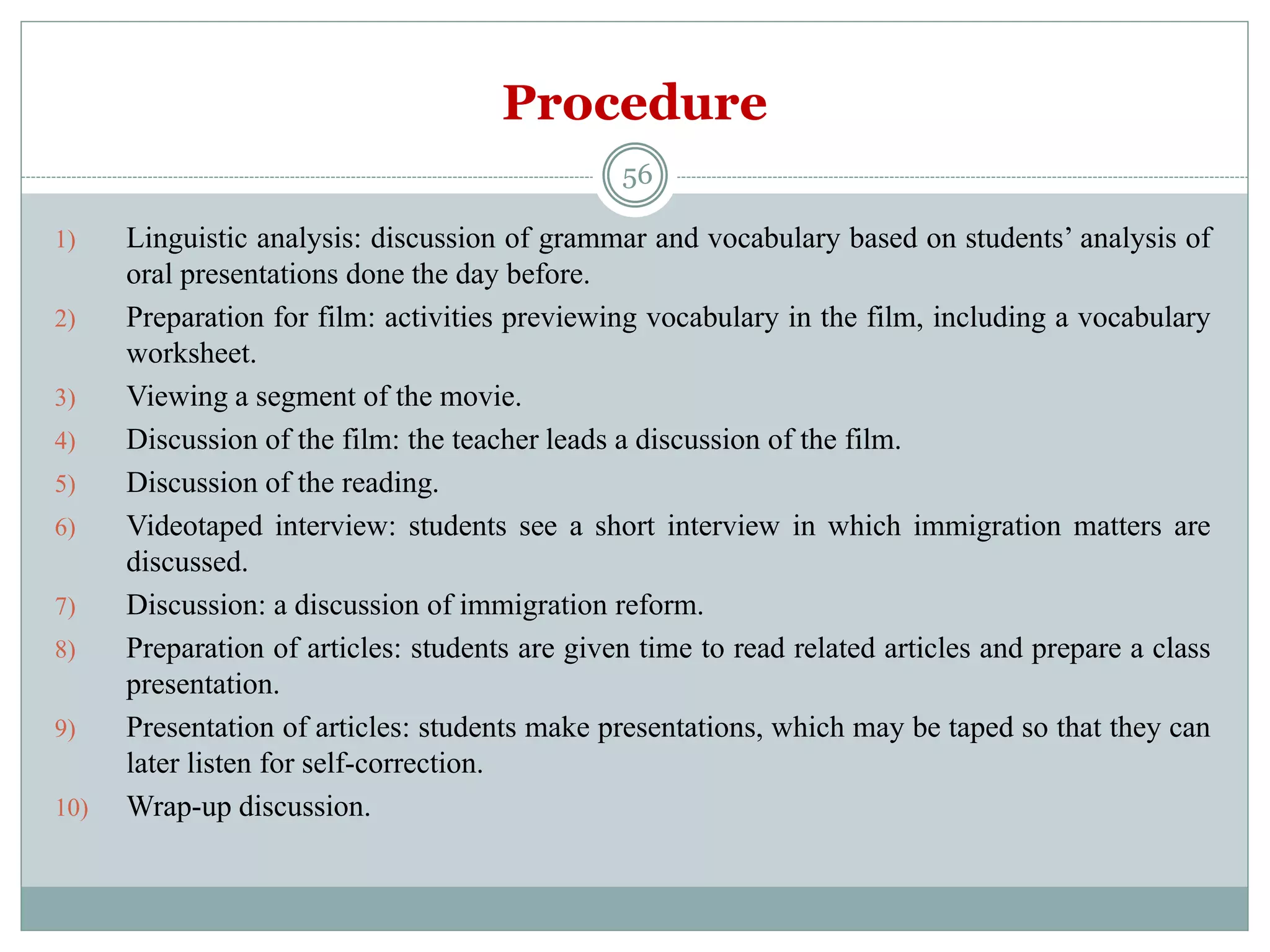 Procedure
1) Linguistic analysis: discussion of grammar and vocabulary based on students’ analysis of
oral presentations done the day before.
2) Preparation for film: activities previewing vocabulary in the film, including a vocabulary
worksheet.
3) Viewing a segment of the movie.
4) Discussion of the film: the teacher leads a discussion of the film.
5) Discussion of the reading.
6) Videotaped interview: students see a short interview in which immigration matters are
discussed.
7) Discussion: a discussion of immigration reform.
8) Preparation of articles: students are given time to read related articles and prepare a class
presentation.
9) Presentation of articles: students make presentations, which may be taped so that they can
later listen for self-correction.
10) Wrap-up discussion.
56
 