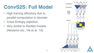 inputs. Non-linearities allow the networks to exploit the
full input ﬁeld, or to focus on fewer elements if needed.
Each convolution kernel is parameterized as W 2 R2d⇥kd
,
bw 2 R2d
and takes as input X 2 Rk⇥d
which is a
concatenation of k input elements embedded in d dimen-
sions and maps them to a single output element Y 2 R2d
that has twice the dimensionality of the input elements;
subsequent layers operate over the k output elements of
the previous layer. We choose gated linear units (GLU;
Dauphin et al., 2016) as non-linearity which implement a
simple gating mechanism over the output of the convolu-
tion Y = [A B] 2 R2d
:
v([A B]) = A ⌦ (B)
where A, B 2 Rd
are the inputs to the non-linearity, ⌦ is
the point-wise multiplication and the output v([A B]) 2
Rd
is half the size of Y . The gates (B) control which
inputs A of the current context are relevant. A similar non-
linearity has been introduced in Oord et al. (2016b) who
apply tanh to A but Dauphin et al. (2016) shows that GLUs
perform better in the context of language modelling.
To enable deep convolutional networks, we add residual
connections from the input of each convolution to the out-
put of the block (He et al., 2015a).
• High training efﬁciency due to 
parallel computation in decoder
• Cross Entropy objective
• Very similar to ResNet models  
(Nesterov etc., He et al. '15)
28
ConvS2S: Full Model
 