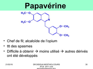 30
Papavérine
• Chef de fil; alcaloïde de l’opium
• ttt des spasmes
• Difficile à obtenir  moins utilisé  autres dérivés
ont été développés
N
O
O
O
O
H3C
H3C
CH3
CH3
21/03/16 DR DIDOUH MOSTAFA COURS
IFCS 2011 LES
 
