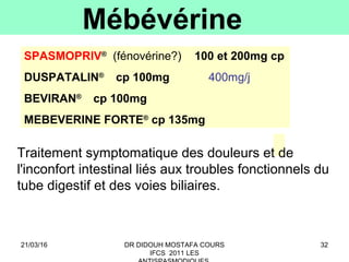 32
Mébévérine
SPASMOPRIV®
(fénovérine?) 100 et 200mg cp
DUSPATALIN®
cp 100mg 400mg/j
BEVIRAN®
cp 100mg
MEBEVERINE FORTE®
cp 135mg
Traitement symptomatique des douleurs et de
l'inconfort intestinal liés aux troubles fonctionnels du
tube digestif et des voies biliaires.
21/03/16 DR DIDOUH MOSTAFA COURS
IFCS 2011 LES
 