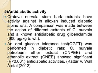 5)Antidiabetic activity
 Crateva nurvala stem bark extracts have
activity against in alloxan induced diabetic
albino rats. A comparison was made between
the action of different extracts of C. nurvala
and a known antidiabetic drug glibenclamide
(600 μg/kg b. wt.).
 An oral glucose tolerance test(OGTT) was
performed in diabetic rats: C. nurvala
petroleum ether extract (CNPEE) and
ethanolic extract (CNEE) showed significant
(P<0.001) antidiabetic activities. (Kattar V, Wall
A etal.(2012)
24
 