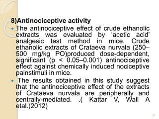 8)Antinociceptive activity
 The antinociceptive effect of crude ethanolic
extracts was evaluated by ‘acetic acid’
analgesic test method in mice. Crude
ethanolic extracts of Crataeva nurvala (250–
500 mg/kg PO)produced dose-dependent,
significant (p < 0.05–0.001) antinociceptive
effect against chemically induced nociceptive
painstimuli in mice.
 The results obtained in this study suggest
that the antinociceptive effect of the extracts
of Crataeva nurvala are peripherally and
centrally-mediated. .( Kattar V, Wall A
etal.(2012)
27
 