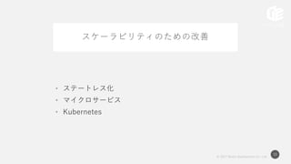 © 2017 Works Applications Co., Ltd.
33
スケーラビリティのための改善
• ステートレス化
• マイクロサービス
• Kubernetes
 