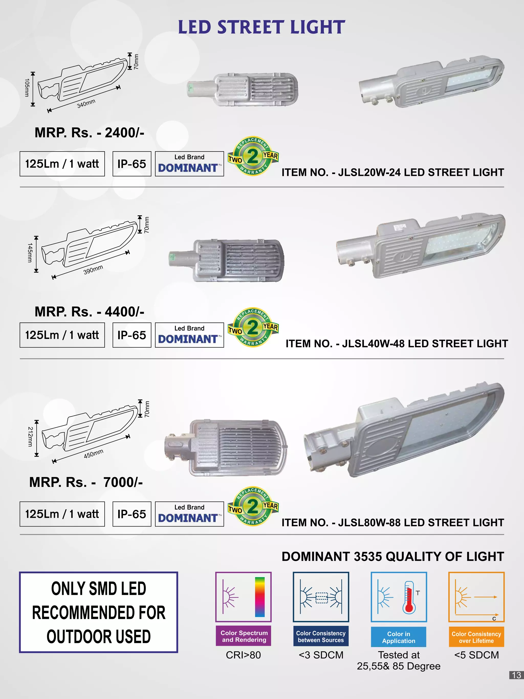 ITEM NO. - JLSL80W-88 LED STREET LIGHT
70mm
450mm
212mm
MRP. Rs. - 7000/-
125Lm / 1 watt IP-65
Led Brand
70mm
390mm
145mm
MRP. Rs. - 4400/-
ITEM NO. - JLSL40W-48 LED STREET LIGHT
125Lm / 1 watt IP-65
Led Brand
LED STREET LIGHT
222
CEA ML EP
N
E
T
R
222
CEA ML EP
N
E
T
R
ITEM NO. - JLSL20W-24 LED STREET LIGHT
125Lm / 1 watt IP-65
Led Brand
70mm
340mm
105mm
MRP. Rs. - 2400/-
222
CEA ML EP
N
E
T
R
DOMINANT 3535 QUALITY OF LIGHT
Color Spectrum
and Rendering
CRI>80
Color Consistency
between Sources
<3 SDCM Tested at
25,55& 85 Degree
<5 SDCM
c
Color Consistency
over Lifetime
Color in
Application
ONLY SMD LED
RECOMMENDED FOR
OUTDOOR USED
13
 