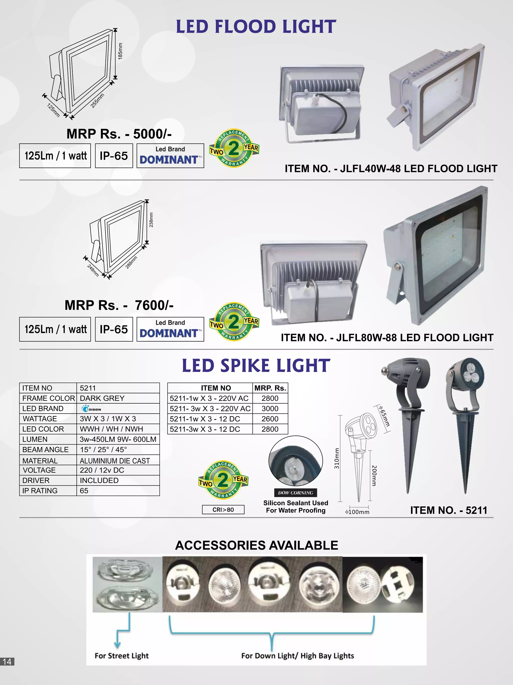 ITEM NO. - JLFL80W-88 LED FLOOD LIGHT
238mm
288m
m
248m
m
MRP Rs. - 7600/-
CRI>80
310mm
65mm
200mm
100mm
Silicon Sealant Used
For Water Proofing
LED FLOOD LIGHT
LED SPIKE LIGHT
WATTAGE
ITEM NO
FRAME COLOR
LED BRAND
LED COLOR
LUMEN
BEAM ANGLE
MATERIAL
VOLTAGE
DRIVER
IP RATING
3W X 3 / 1W X 3
5211
DARK GREY
WWH / WH / NWH
3w-450LM 9W- 600LM
15° / 25° / 45°
ALUMINIUM DIE CAST
220 / 12v DC
INCLUDED
65
125Lm / 1 watt IP-65
Led Brand
222
CEA ML EP
N
E
T
R
ITEM NO. - JLFL40W-48 LED FLOOD LIGHT
185mm
255m
m
125m
m
MRP Rs. - 5000/-
125Lm / 1 watt IP-65
Led Brand
222
CEA ML EP
N
E
T
R
222
CEA ML EP
N
E
T
R
ITEM NO. - 5211
ACCESSORIES AVAILABLE
14
ITEM NO MRP. Rs.
2800
3000
2600
2800
5211-1w X 3 - 220V AC
5211- 3w X 3 - 220V AC
5211-1w X 3 - 12 DC
5211-3w X 3 - 12 DC
 