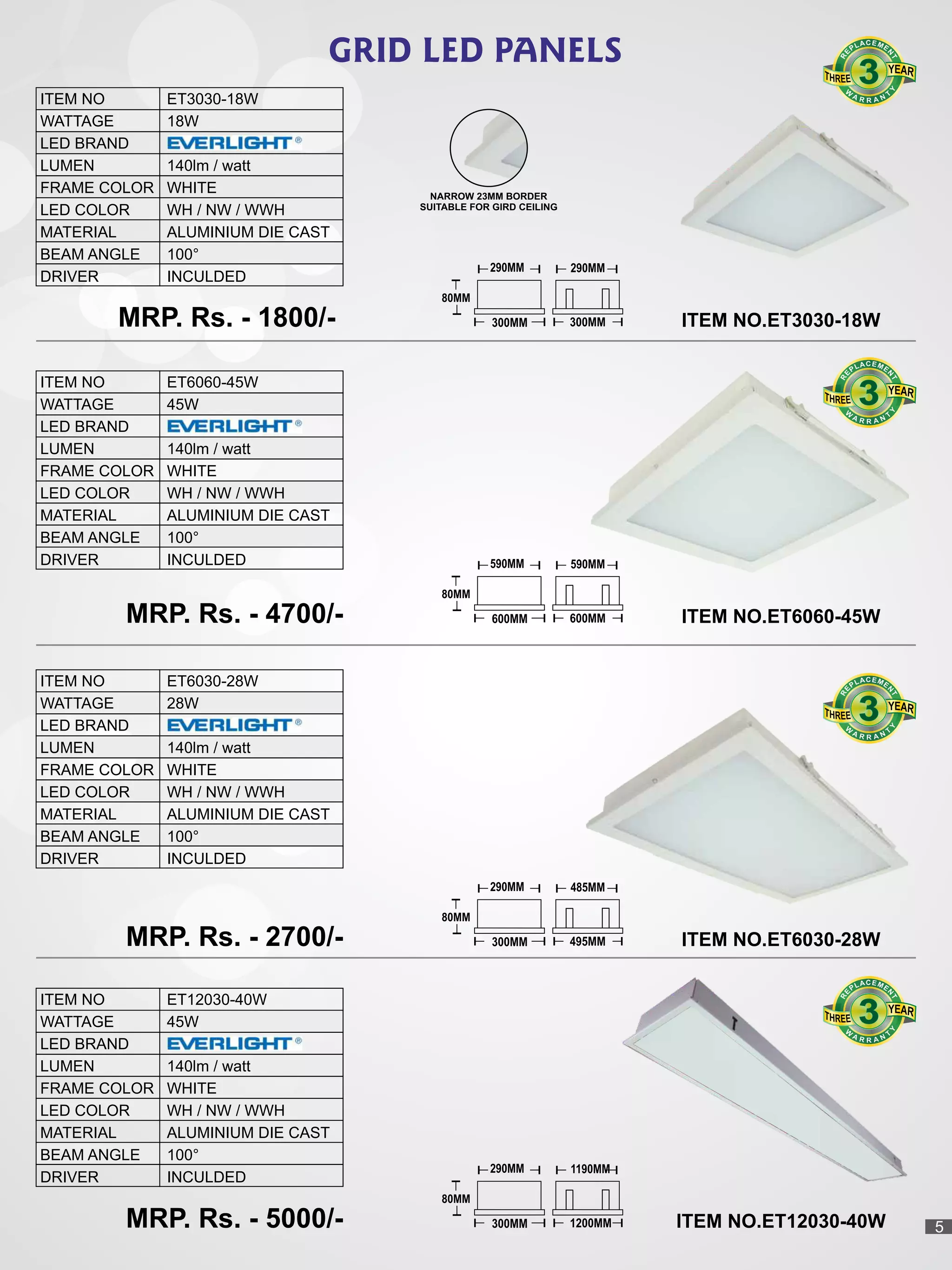 ITEM NO
WATTAGE
LED BRAND
LUMEN
FRAME COLOR
LED COLOR
MATERIAL
BEAM ANGLE
DRIVER
ET6060-45W
45W
140lm / watt
WHITE
WH / NW / WWH
ALUMINIUM DIE CAST
100°
INCULDED
80MM
590MM 590MM
600MM 600MMMRP. Rs. - 4700/-
ITEM NO
WATTAGE
LED BRAND
LUMEN
FRAME COLOR
LED COLOR
MATERIAL
BEAM ANGLE
DRIVER
ET3030-18W
18W
140lm / watt
WHITE
WH / NW / WWH
ALUMINIUM DIE CAST
100°
INCULDED
80MM
290MM 290MM
300MM 300MMMRP. Rs. - 1800/-
ITEM NO
WATTAGE
LED BRAND
LUMEN
FRAME COLOR
LED COLOR
MATERIAL
BEAM ANGLE
DRIVER
ET6030-28W
28W
140lm / watt
WHITE
WH / NW / WWH
ALUMINIUM DIE CAST
100°
INCULDED
80MM
290MM 485MM
300MM 495MMMRP. Rs. - 2700/-
ITEM NO
WATTAGE
LED BRAND
LUMEN
FRAME COLOR
LED COLOR
MATERIAL
BEAM ANGLE
DRIVER
ET12030-40W
45W
140lm / watt
WHITE
WH / NW / WWH
ALUMINIUM DIE CAST
100°
INCULDED
80MM
290MM 1190MM
300MM 1200MMMRP. Rs. - 5000/-
ITEM NO.ET3030-18W
ITEM NO.ET6060-45W
ITEM NO.ET6030-28W
ITEM NO.ET12030-40W
GRID LED PANELS
NARROW 23MM BORDER
SUITABLE FOR GIRD CEILING
333
CEA ML EP
N
E
T
R
333
CEA ML EP
N
E
T
R
333
CEA ML EP
N
E
T
R
333
CEA ML EP
N
E
T
R
5
 